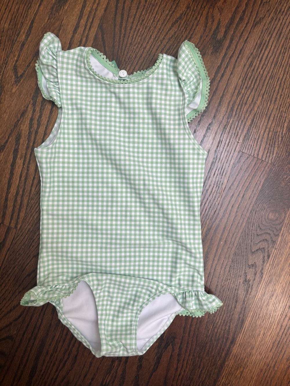 Light Green Gingham Ruffle-Sleeve One-Piece Swimsuit for Kids